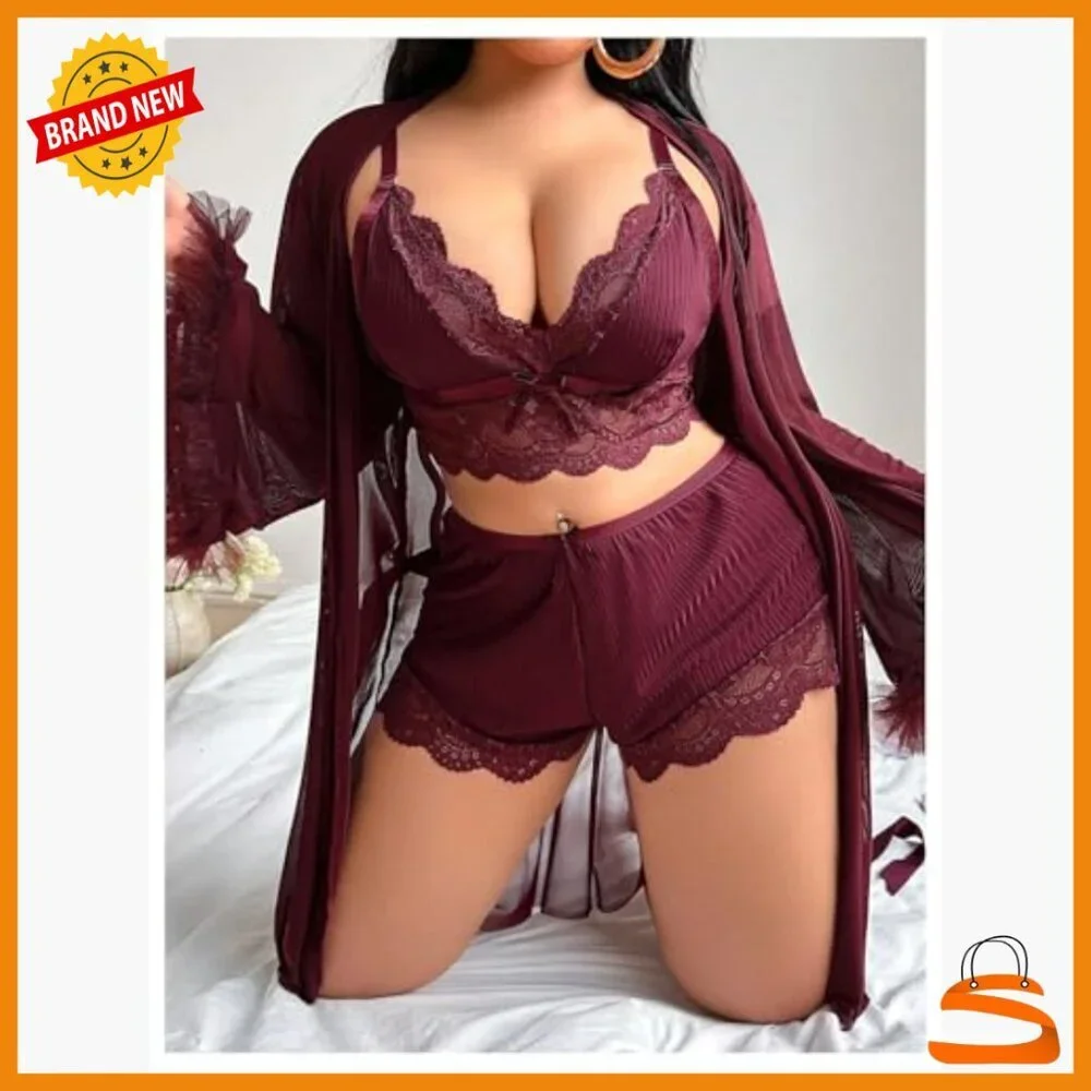 Plus Size Lingerie Set with Lace Bra Panty Long Sleeve Kimono Robe